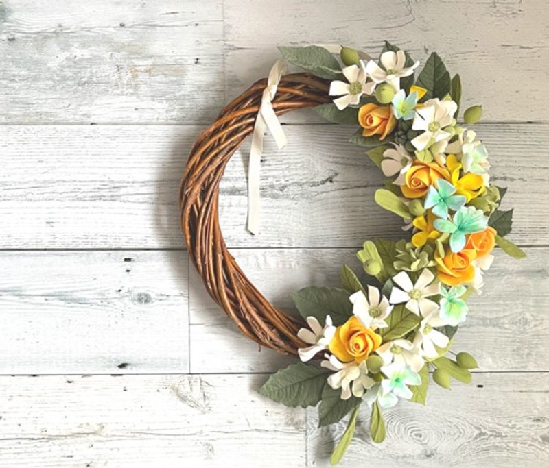 New spring color * eternal flower * Flower half wreath decorated with clay art flowers - Plants - Pottery 