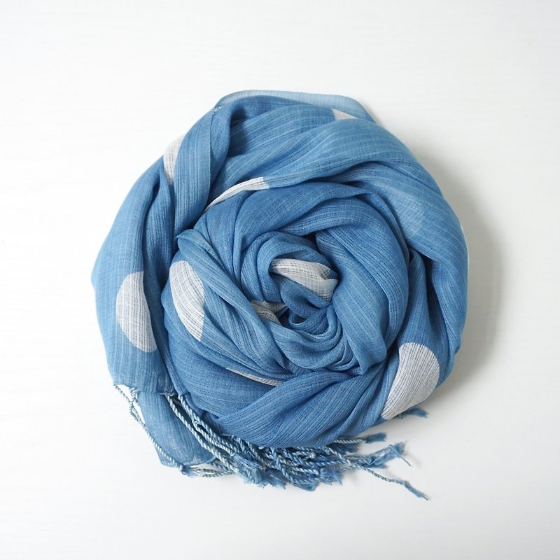 S.A x Tiffany Macaron, Indigo dyed High Quality Handmade Dots Silk Scarf - Scarves - Silk Blue