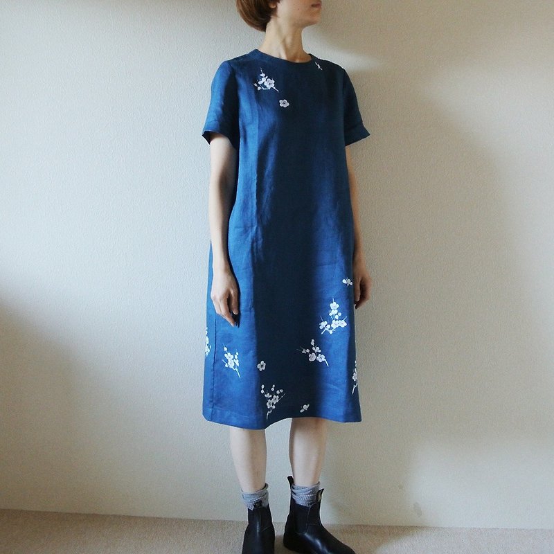 Linen/ short sleeve dress blue white plum - One Piece Dresses - Cotton & Hemp Blue