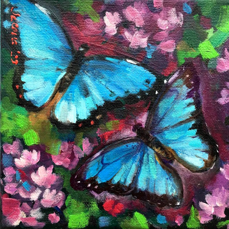 Butterfly painting Small Frame Art Miniature Oil - 擺飾/家飾品 - 其他材質 藍色
