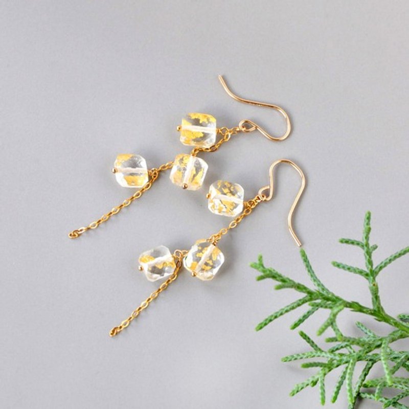 Gold Leaf Crystal Quartz Octagon Chain Earrings 14kgf - ต่างหู - เครื่องเพชรพลอย 