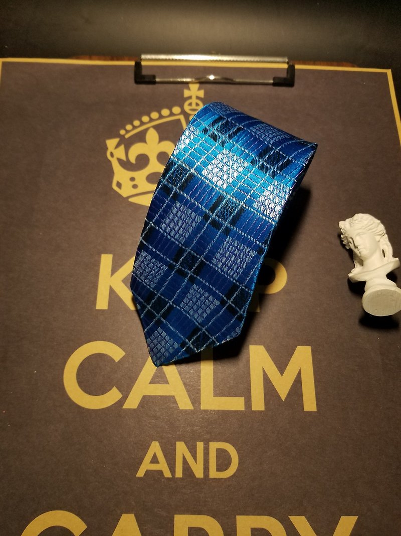 寶藍色格子領帶紳士風窄版領帶 - 領呔/呔夾 - 絲．絹 藍色
