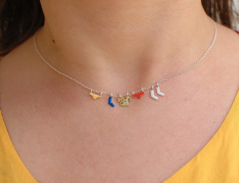 手工迷你衣物項鍊 可選顏色 客製化洗衣繩項鍊 - 項鍊 - 純銀 銀色