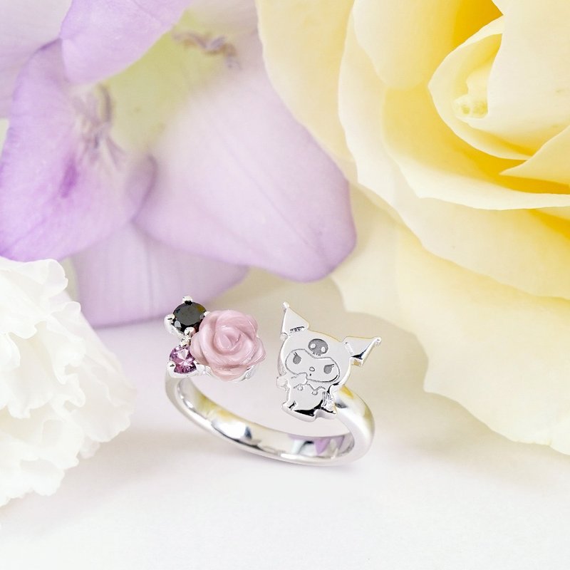 Kuromi & MyMelody Flower Series-Kuromi Pearl Flower Sterling Silver Ring - General Rings - Sterling Silver Silver