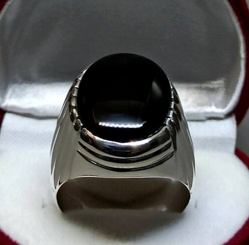 gemsjewelrings Natural Yemeni Black Aqeeq Mens Ring Sterling Silver 925 Big Black Agate Ring