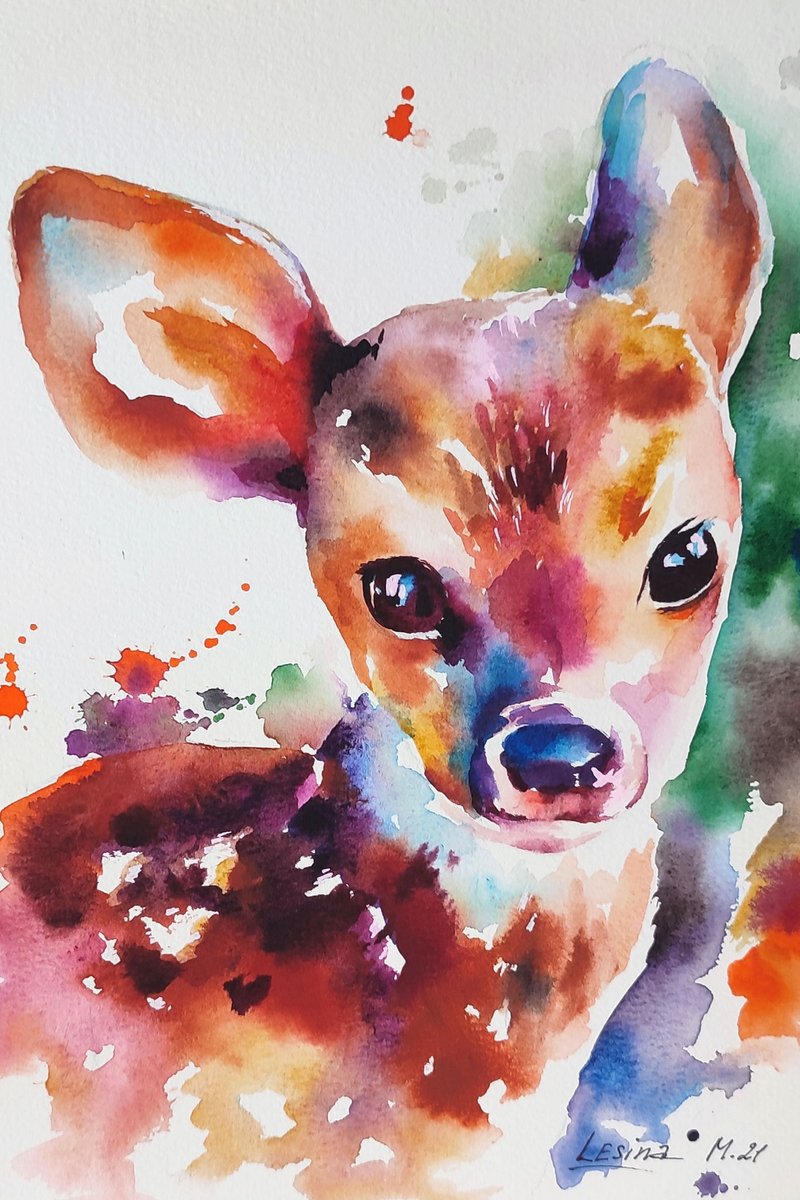 Little Fawn Watercolor Painting Fawn Illustration Colorful Animall Art - ตกแต่งผนัง - กระดาษ สีนำ้ตาล
