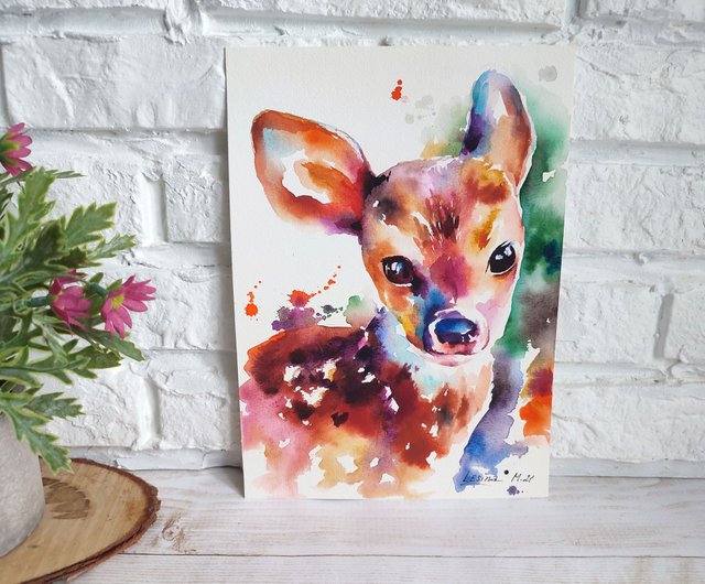 森の子鹿 ハンドメイドパステル画 絵画アート原画