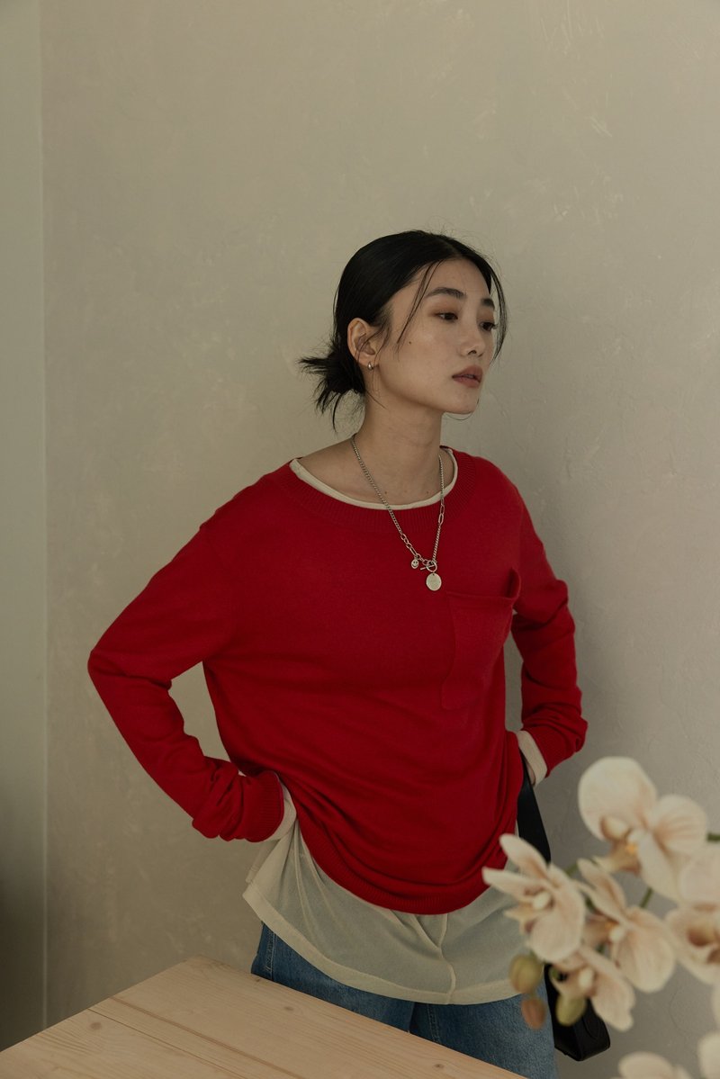 親膚大口袋圓領針織上衣(紅) - 女毛衣/針織衫 - 其他材質 紅色