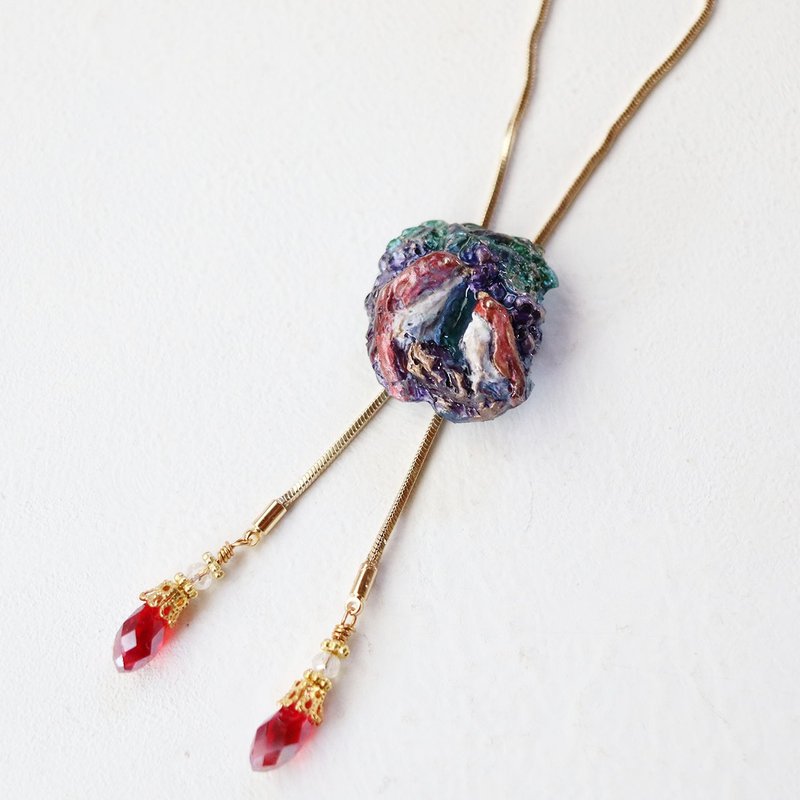 Forest Blessings Loop Tie - Wild Grapes and Birds - Necklace Lariat Style Madder Color - Necklaces - Resin Red