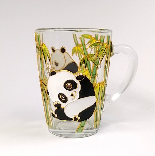 StekloCraft Panda mug hand painted Glass coffee mug Tea cup personalised Gift for girlfriend