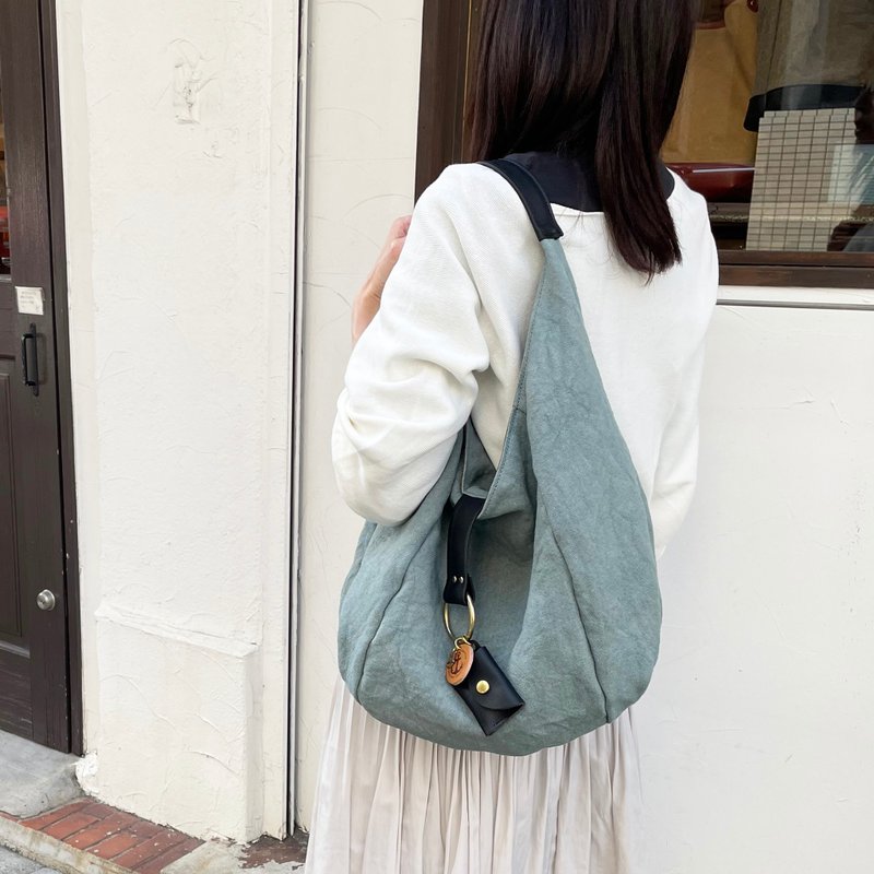 polta-linen-サックスブルー×ブラック　リネン帆布バッグ - 手提包/手提袋 - 棉．麻 藍色
