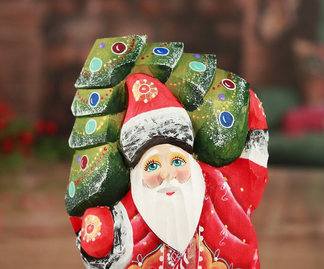 クリスマスツリーとサンタクロースの置物サンタ人形手彫りの木製サンタ ...