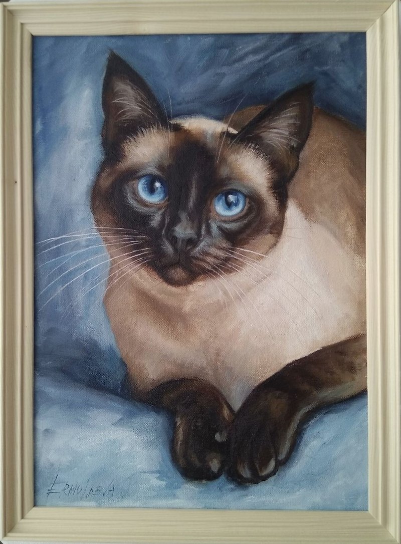 シャム猫の肖像画油絵タイ猫アート - ウォールデコ・壁紙 - その他の素材 ブルー