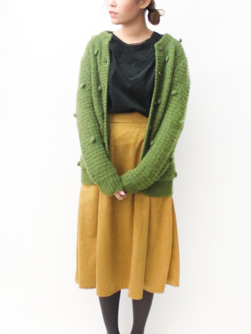 【RE1021SW147】 autumn Japanese system retro cute three-dimensional ball moss green old sweater knitted jacket - Women's Sweaters - Wool Green