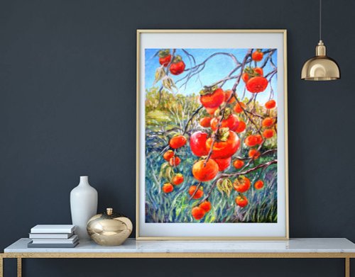 油絵　『柿』 柿の絵 油絵 フルーツ 原画 食品アートワーク キッチン