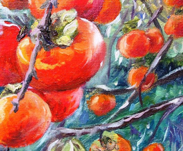 柿の絵 油絵 フルーツ 原画 食品アートワーク キッチン キャンバス