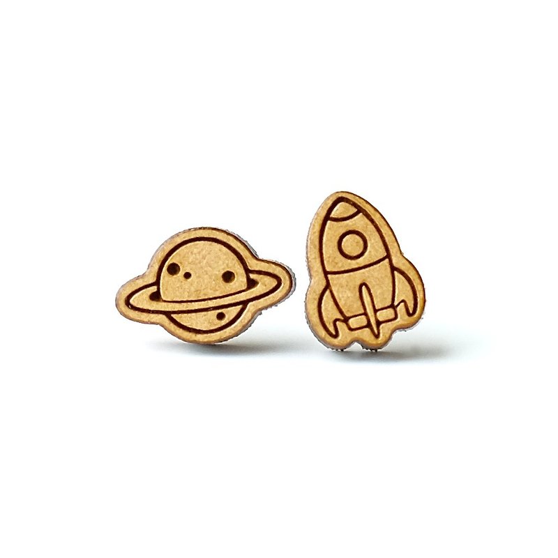 Plain wood earrings-Planet & Rocket - ต่างหู - ไม้ สีนำ้ตาล