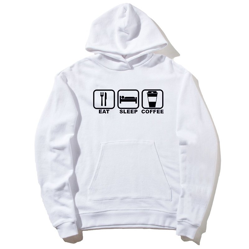 Eat Sleep Coffee front picture long-sleeved bristles hooded T neutral version white text green English eat sleep coffee - Unisex Hoodies & T-Shirts - Cotton & Hemp White