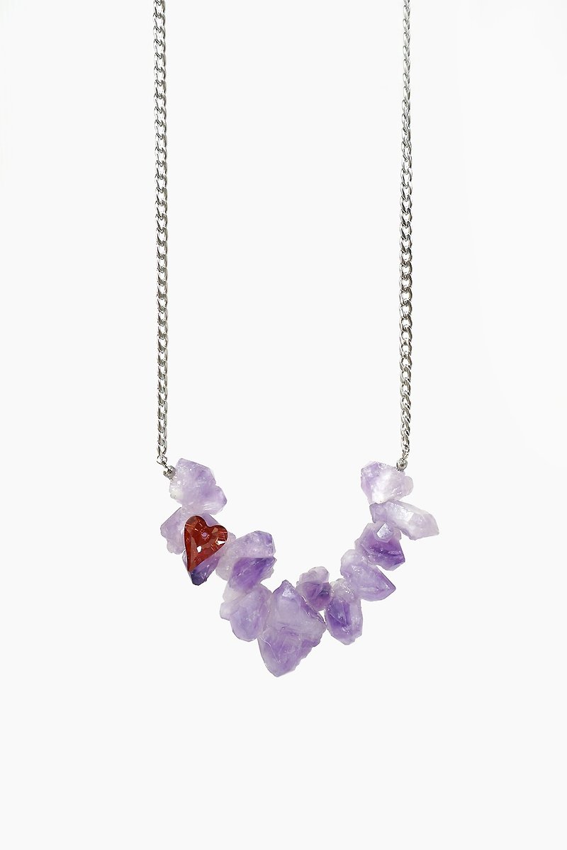 Cape Amethyst Raw Stone Statement Necklace with Red Heart Swarovski Crystal - Necklaces - Gemstone Purple