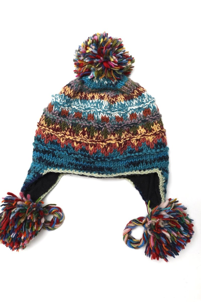 民族風藍綠三球辮子帽純羊毛線手工編織全襯防風毛帽子護耳帽保暖 - 帽子 - 羊毛 藍色