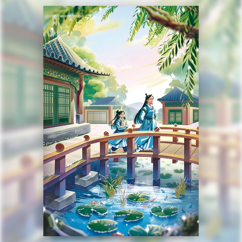 teacher and student - boy Korean Hanbok illustrated postcard (uha) - 卡片/明信片 - 紙 藍色