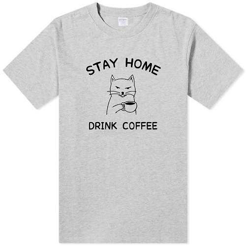 hipster STAY HOME DRINK COFFEE 中性短袖T恤 灰色 待在家裡喝咖啡防疫