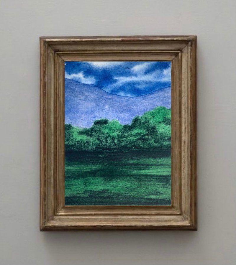 Original Watercolor Landscape Green Field Painting Stormy Cloudy Sky Landscape - 壁貼/牆壁裝飾 - 紙 多色
