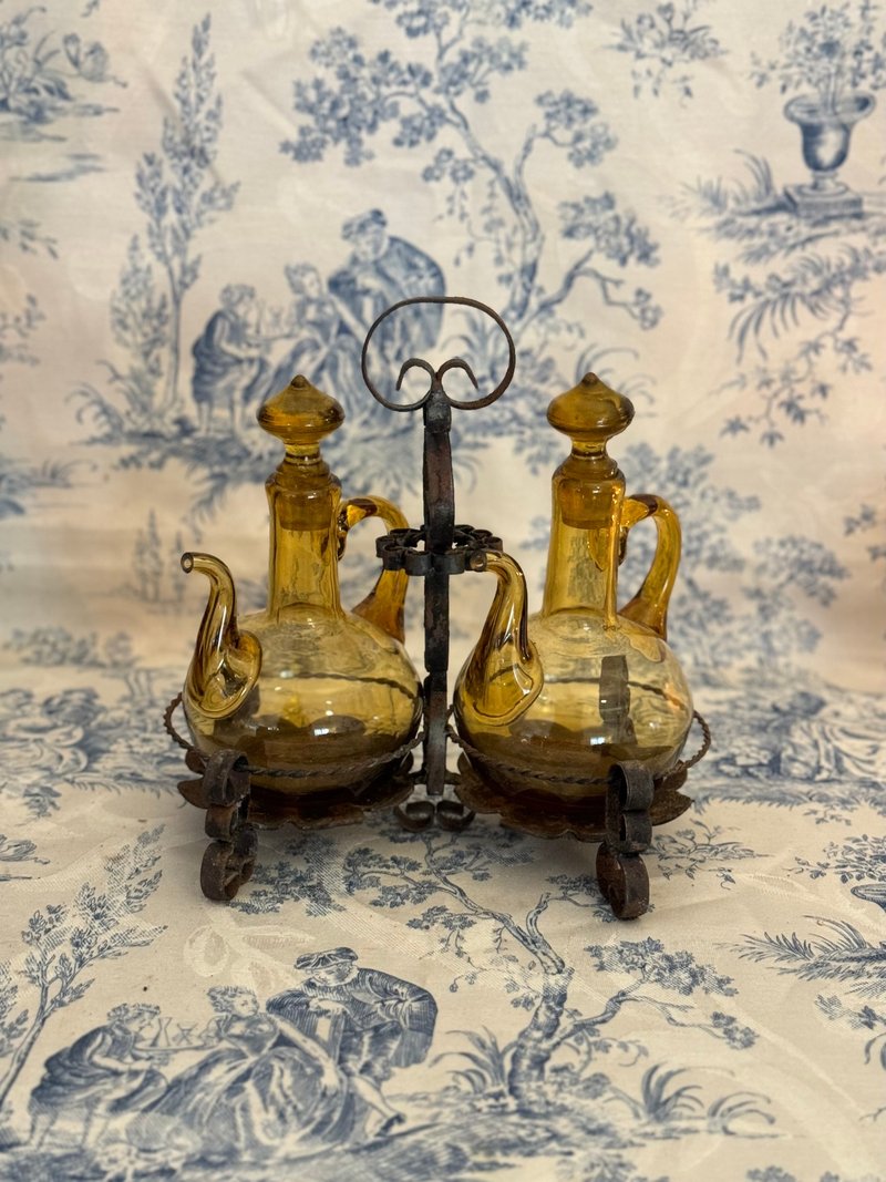 40061-法國古董琥珀玻璃油醋罐組與金屬支架 - 擺飾/家飾品 - 其他材質 
