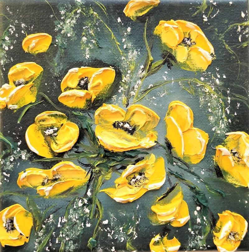 Yellow Poppy Artwork Floral Original Oil Painting on Canvas Small Art 手繪油畫, 用鮮花 - 壁貼/牆壁裝飾 - 棉．麻 多色