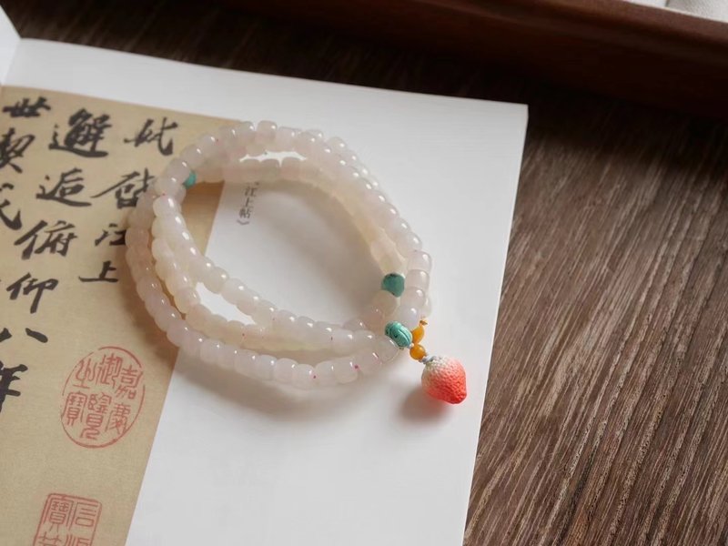 5mm天然和闐玉/和田玉-青海藕粉玉 碧玉葫蘆18K設計多圈手串項鍊s - 手鍊/手環 - 寶石 粉紅色
