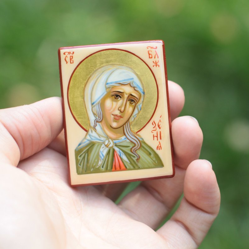 hand painted orthodox wood icon Saint blessed Xenia of Saint Pererburg - 其他 - 木頭 綠色