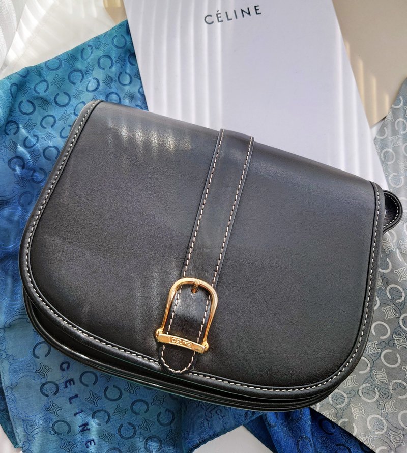 中古美品 CELINE 黑白配馬鞍包半月包單肩包斜背包斜孭包斜挎包袋 - 側背包/斜背包 - 真皮 黑色