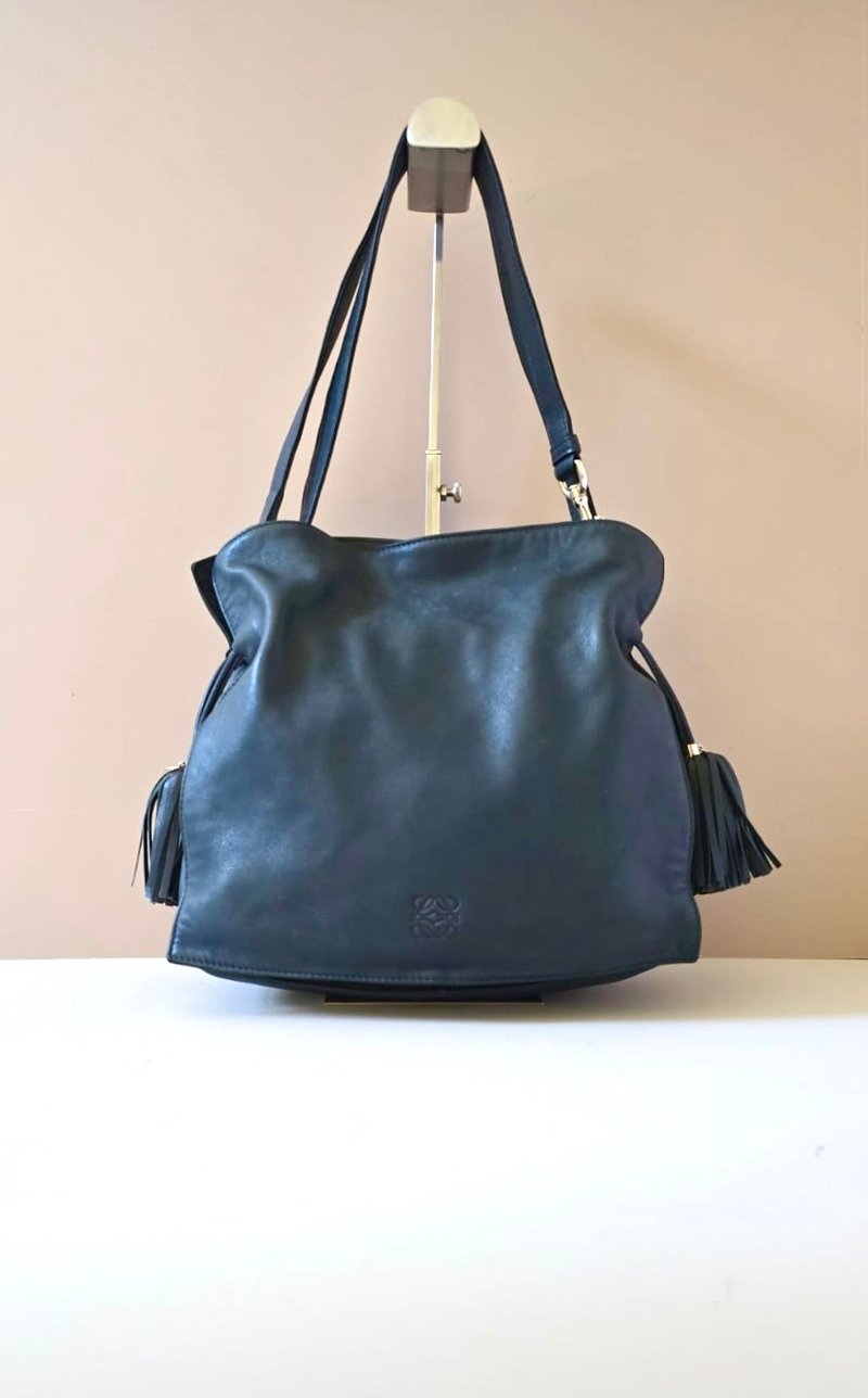 古董包 Loewe Flamenco流蘇中古包 單肩包 皮革包 斜背復古二手包 - 側背包/斜背包 - 真皮 藍色