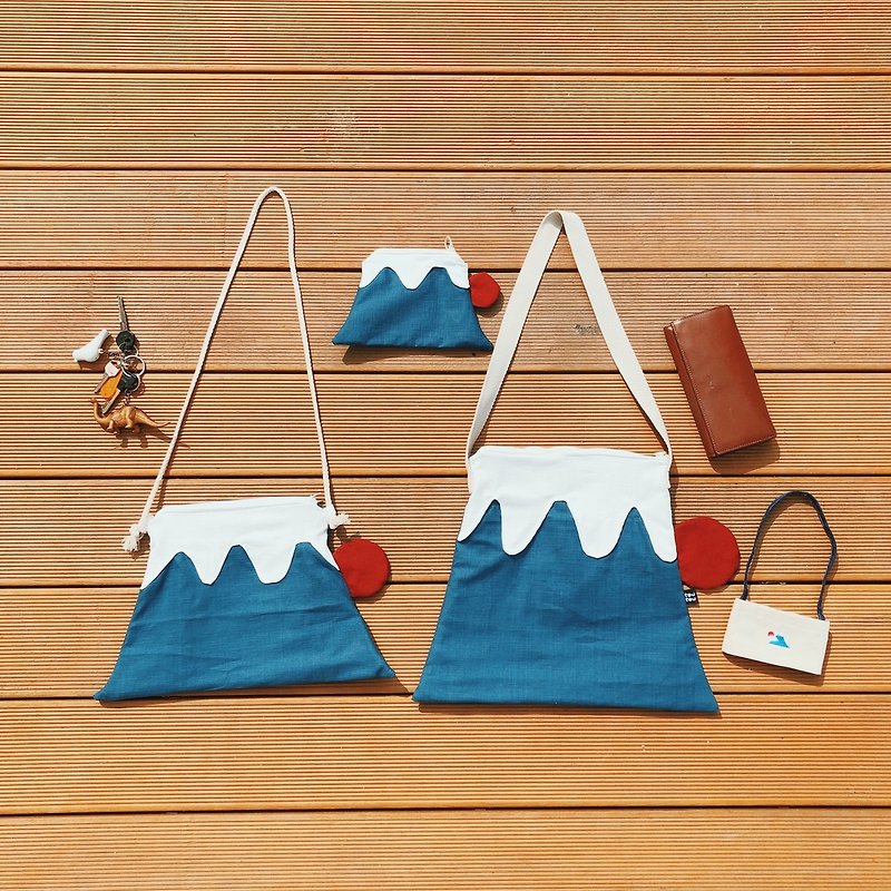 富士山一家人 - 側背包/斜孭袋 - 棉．麻 藍色