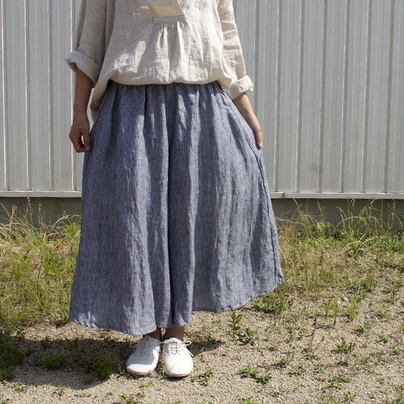 maxi size only: Linen 100% yarn dyed Gaucho pants (lined interior) bluestripe - Women's Pants - Cotton & Hemp Blue