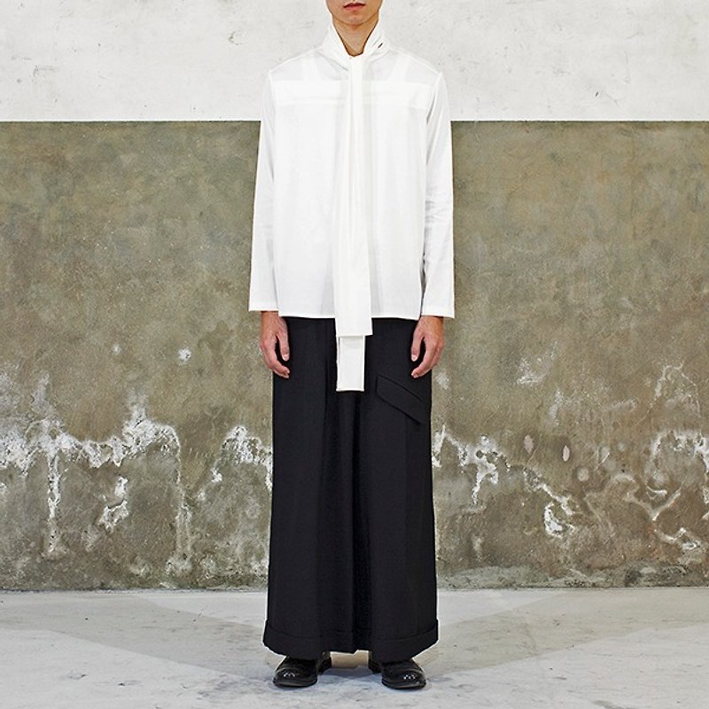 White Scarf Long Sleeve Shirt - เสื้อเชิ้ตผู้ชาย - ผ้าฝ้าย/ผ้าลินิน ขาว