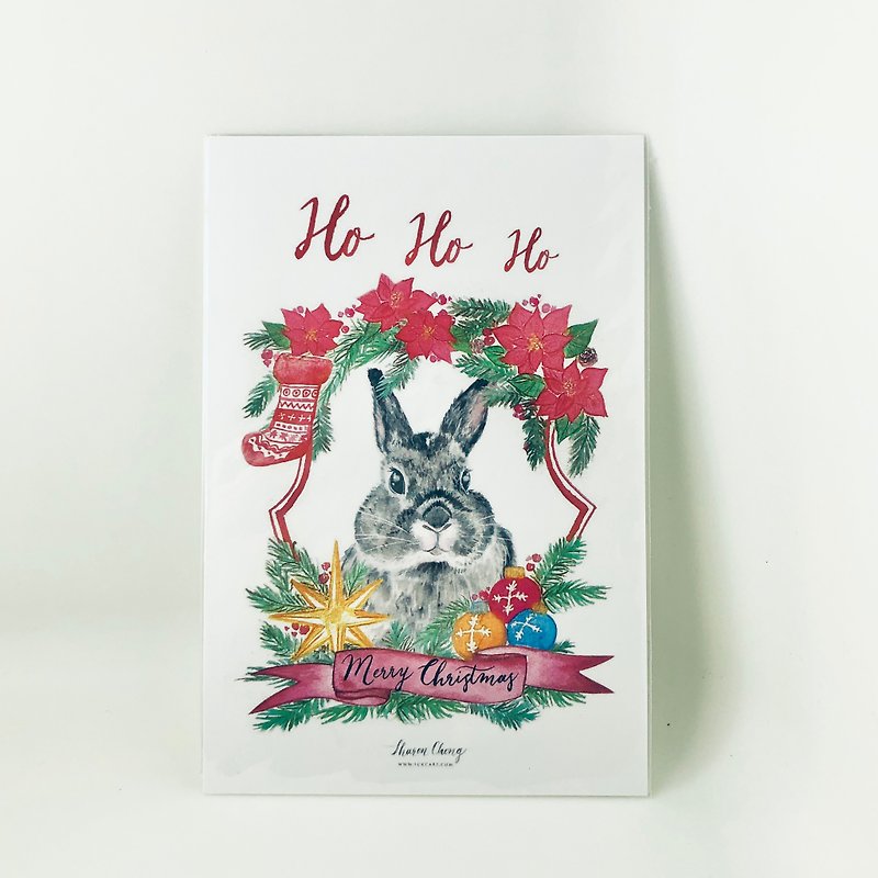Hand painted watercolor bunny Christmas card Christmas postcard - การ์ด/โปสการ์ด - กระดาษ สีแดง