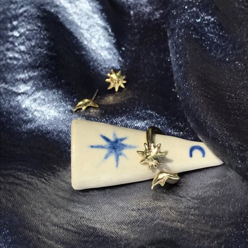 The Green Beetle 星星 月亮 可調整戒圍 戒指 I 黃銅 925純銀 I 迷你星月開口戒