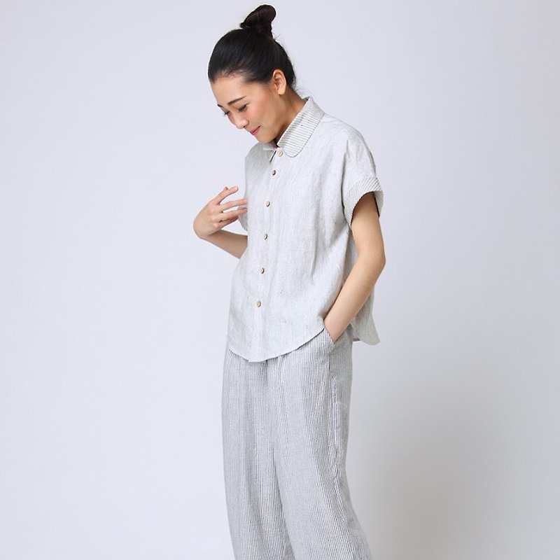 不服 雙層領設計 復古亞麻條紋寬松短袖襯衫  石灰白 SH160311 - 女襯衫 - 棉．麻 銀色