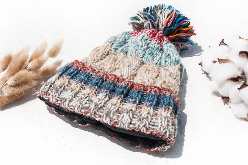 手工編織純羊毛帽/編織帽/針織毛帽/內刷毛手織毛帽-北歐焦糖麵包 - 帽子 - 羊毛 多色
