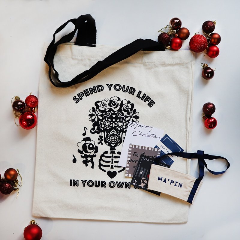 【聖誕禮盒 交換禮物】骷顱帆布包+飲料提袋組合 - 側背包/斜背包 - 棉．麻 白色