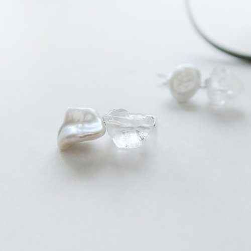 COOL & HOT 925純銀 淡水珍珠 白水晶原礦 L型 耳針 耳環或耳夾 一對