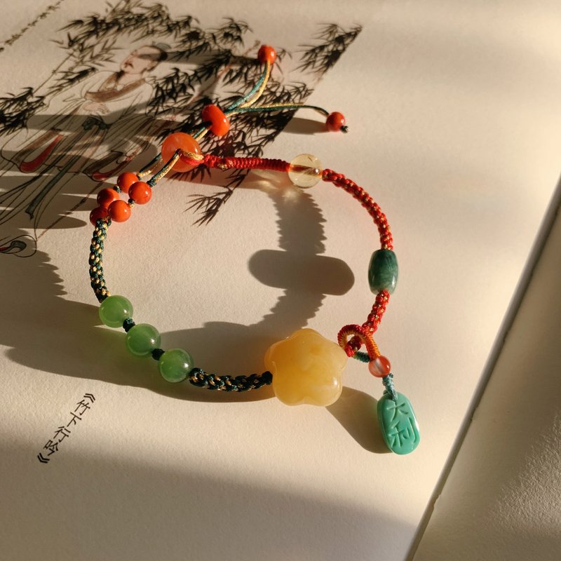 Handmade Fuchunji. Natural Jasper, Wax, Star, South Red Agate, Citrine, Turquoise Braided Bracelet - Bracelets - Jade Multicolor