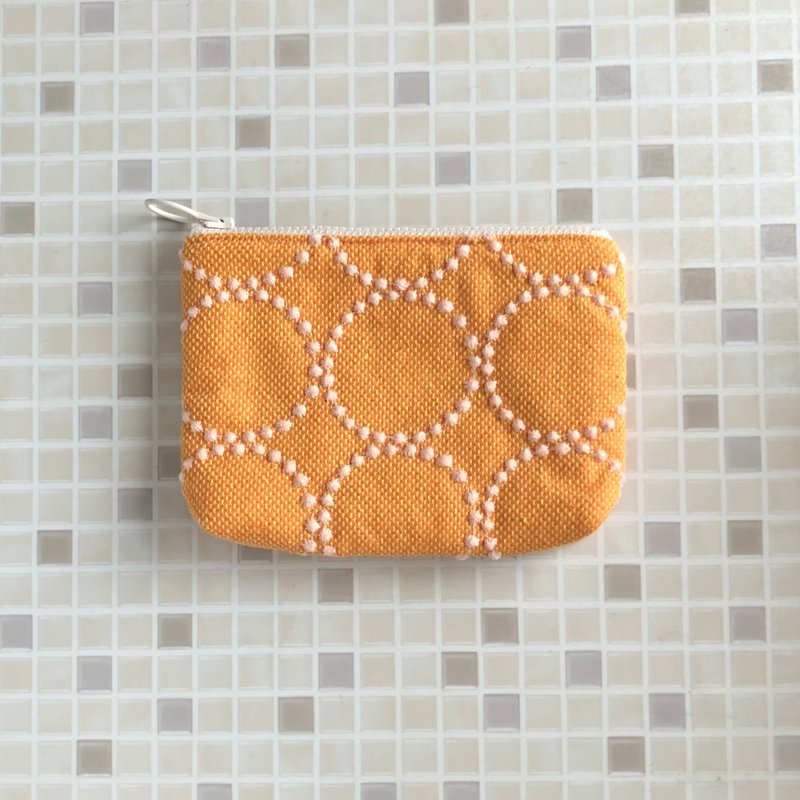 mina perhonen tambourine mini pouch orange handmade circle pattern - Toiletry Bags & Pouches - Cotton & Hemp Orange