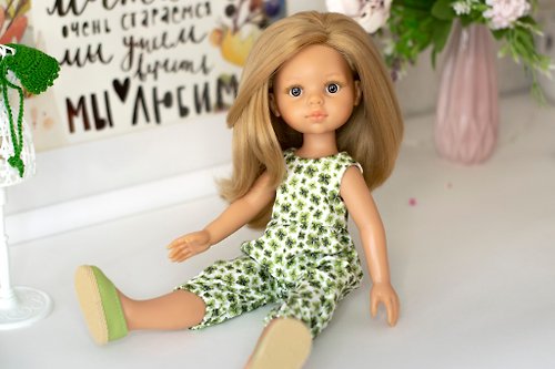 ShopFashionDolls Clover overall for 13 inch dolls Paola Reina, Siblies RRFF for St Patrick's Day
