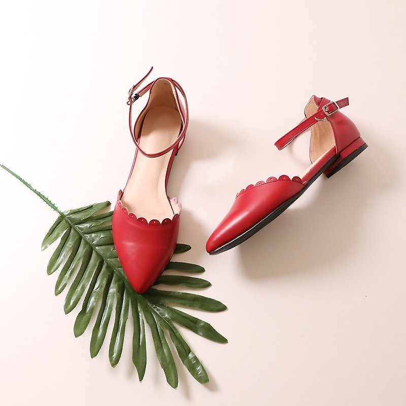 Pointed Toe Sandals Leather Petal Low Ankle Strap Sandals Red Season Sale - รองเท้ารัดส้น - หนังแท้ 