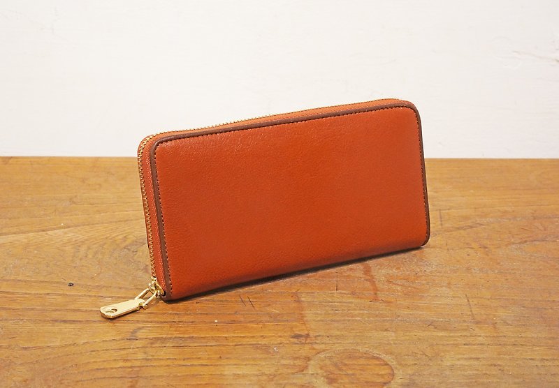 Craftsmanship U-shaped zipper long clip French hemming craft retro shrinkage vegetable tanned leather layered and orderly large space - Wallets - Genuine Leather Red