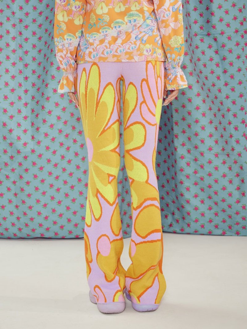 パープル配色フラワーフレア スリムフィット 着痩せ効果 どんなスタイルにも合うジャガードニット スタックパンツ - パンツ レディース - その他の素材 多色