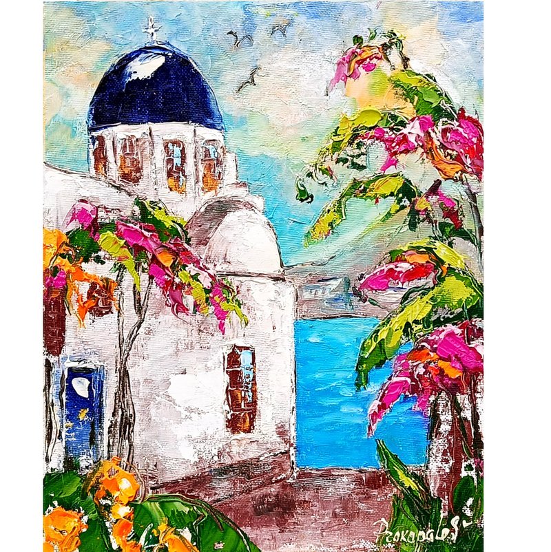 Santorini Painting Greece Original Art Impasto Oil painting 12x10 Greece - 壁貼/牆壁裝飾 - 其他材質 黃色