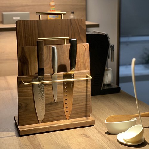 CHONG 翀 桌面磁性刀架 多功能砧板架 無垢原木+黃銅美物